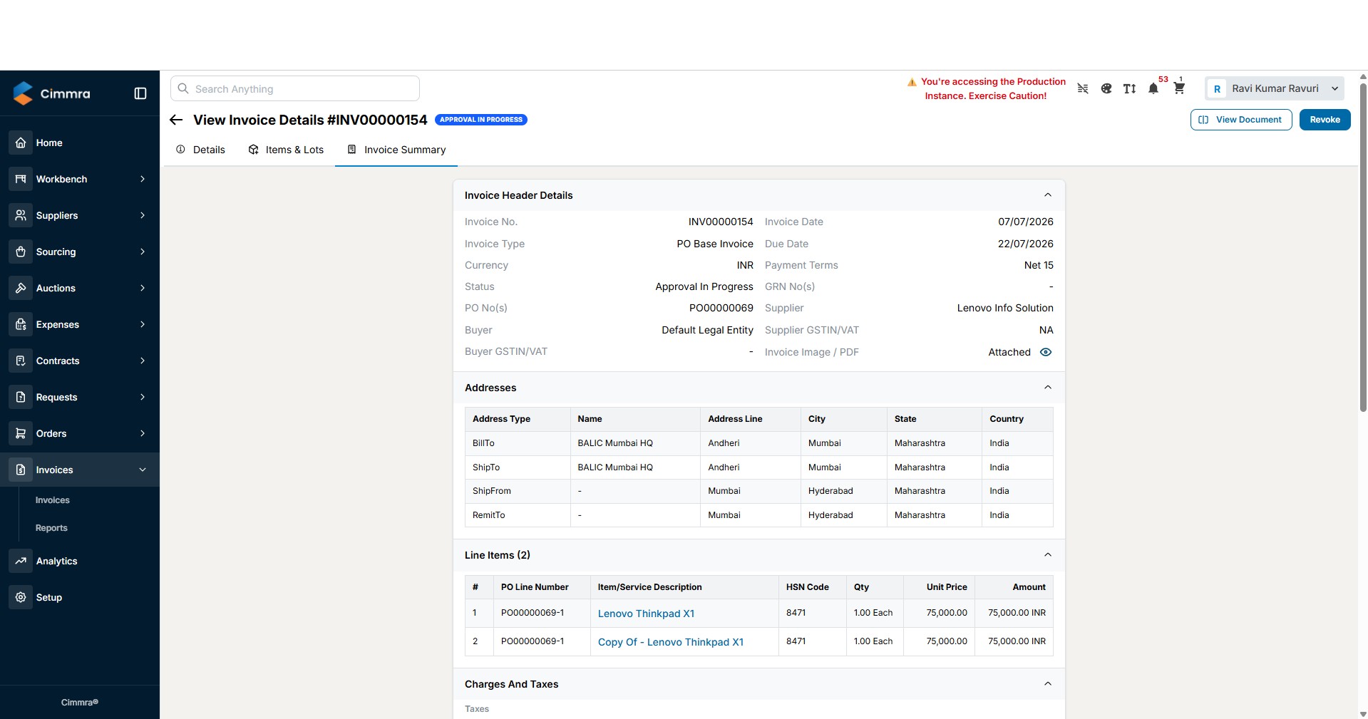 Cimmra invoice details