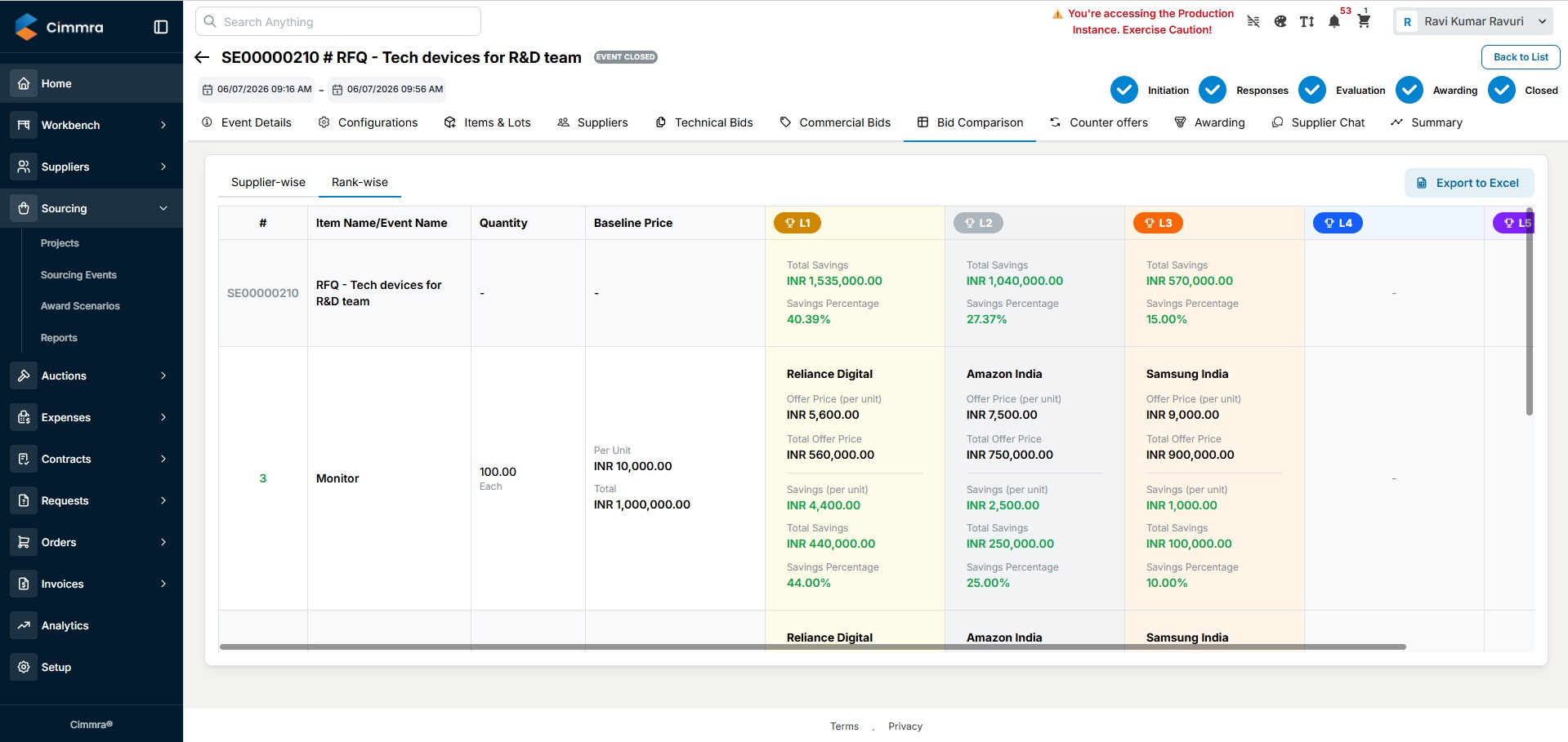Cimmra sourcing bid comparison
